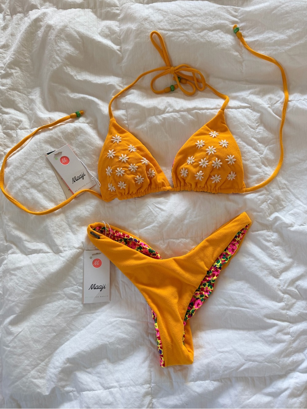 Maaji Sunset Gold Balmy Sliding Triangle Bikini Top and Thin Side Bikini Bottom